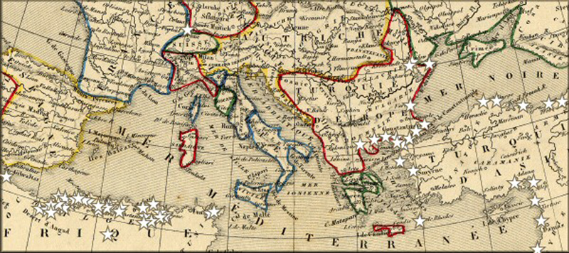 Bureaux de Poste franais  l'tranger et en Algrie franaise vers 1850; carte gographique ancienne d'Alexandre Vuillemin de 1843